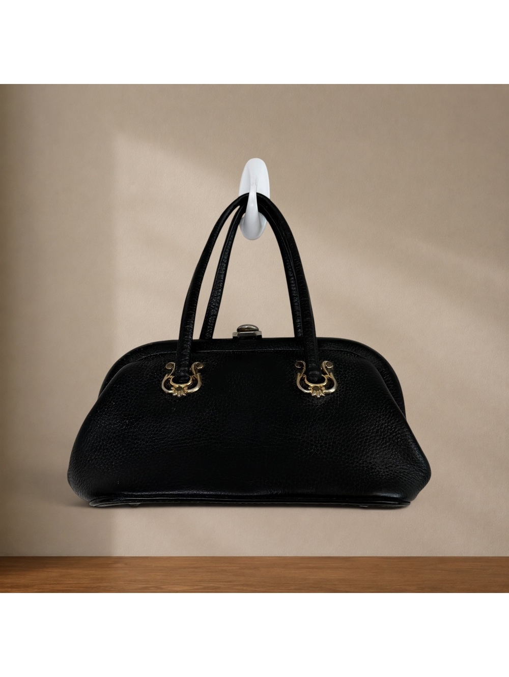 Vintage 1960s Saber Black Leather Doctor Bag Structured Handbag